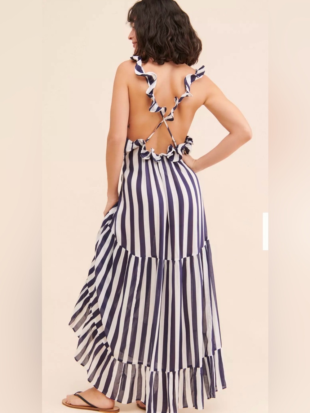 Striped Navy and White Ruffle-Back Maxi Dress